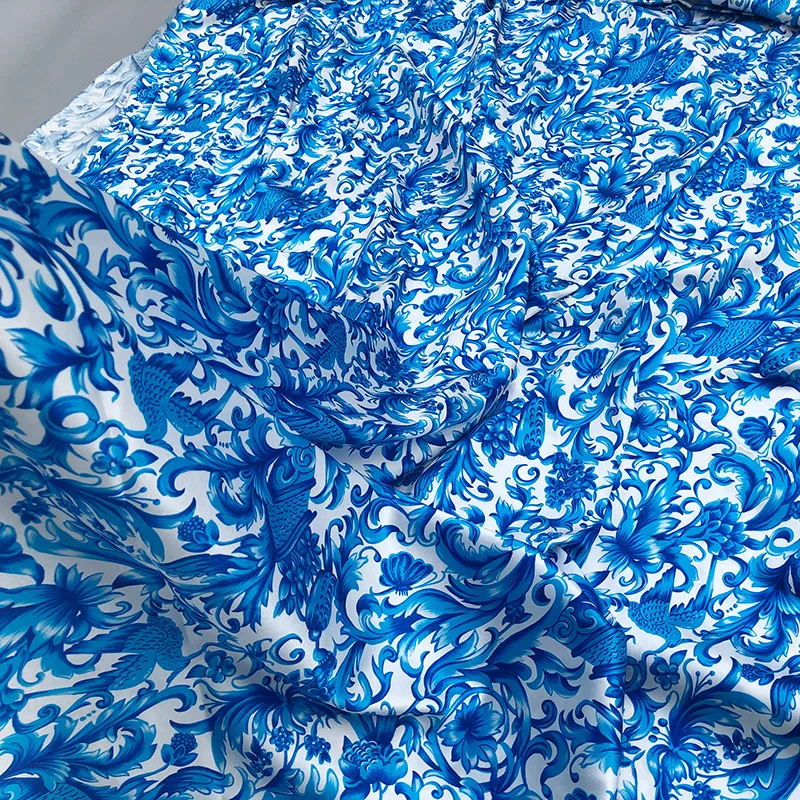 Printed Blue White Porcelain Pattern Imitation Silk Stretch Satin Polyester Soft Fashion Ladies Shirt Scarf Diy Fabric Cloth