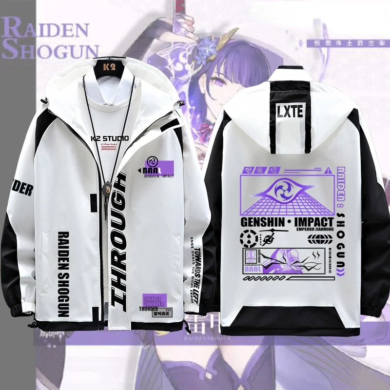 Genshin Impact บาอัล Raiden Shogun แขนยาวชุดสูทผู้ชายเสื้อ Unisex แฟชั่น Hoodie ซิป Hooded Sweatshirt Top เครื่องแต่งกาย