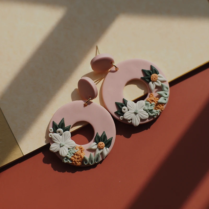 Handmade Beige Pink Polymer Clay Earring Sets with Detailed Flowers Multi Colors Hoop Pendant Dangle Women\'s Jewelry Gift for Pa
