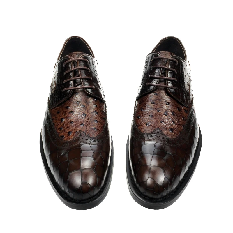 

England Style Fashion New Mens Hand Made Real Leather Crocodile Pattern Formal Dress Shoes For Man Carved Pointed Toe Lace Up