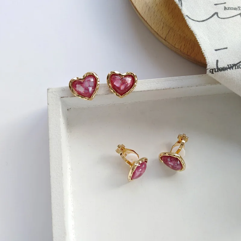 Japanese Sweet Small Love Heart Clip Earrings No Hole Cute Simple Peach Pink Heart Earrings Ear Clips Without Piercing Girls