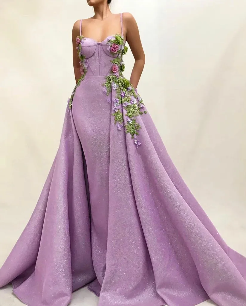 

Lavender Moroccan Evening Dresses A-line Spaghetti Straps Tulle Appliques Long Luxury Turkey Dubai Saudi Arabia Prom Dress Gown