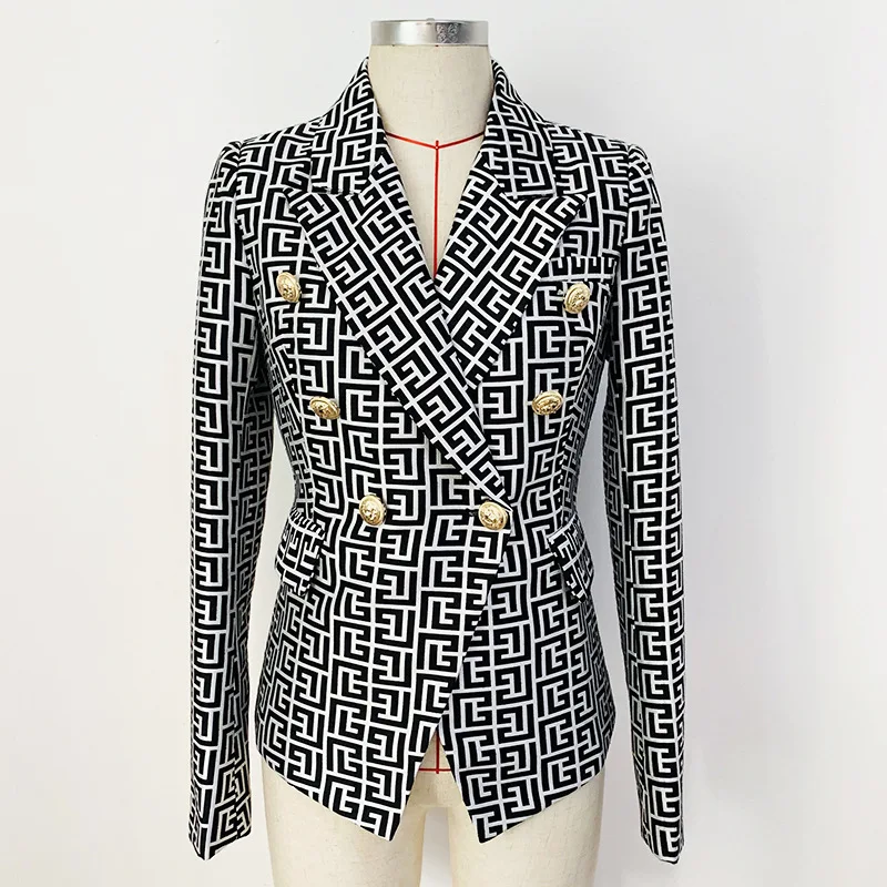 HarleyFashion Spring Fall Women Pattern Classic Blazer Long Sleeve Buttons Texture Slim Jacket