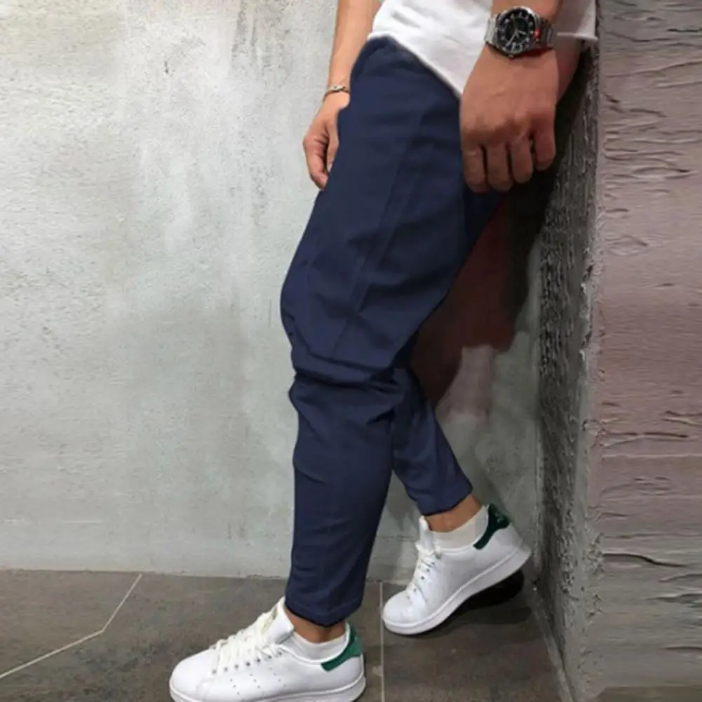 

2021 Men Casual Tracksuit Men Pants with Drawstring Breathable Solid Color Cotton Linen Stretch Elastic Trousers for Daily Wear