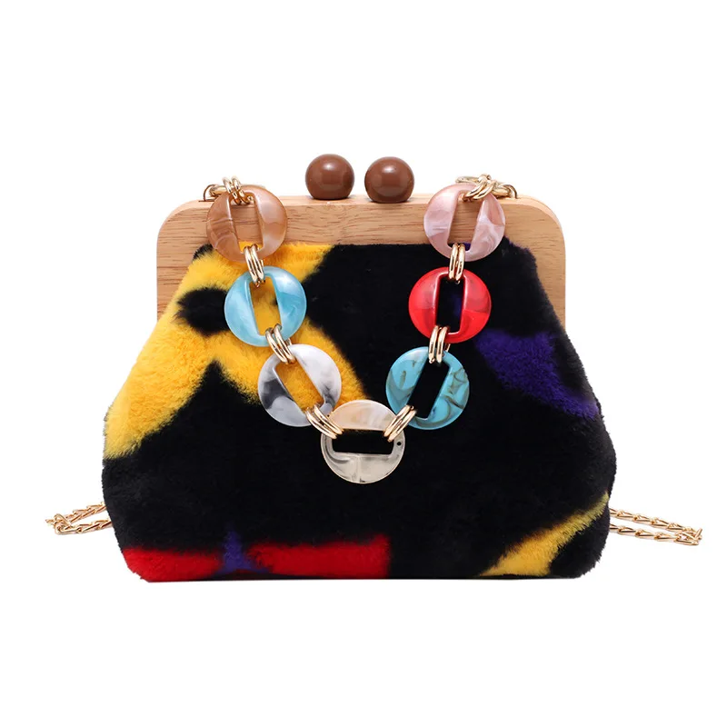 Plush Messenger Bag Wooden Clip Evening Bag Fashion Acrylic Chain Luxury Handbag Women Banquet Party Purse Shoulder Bag Sac