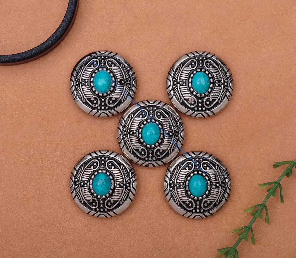 10PCS 30MM FLORAL FEATHER CARVED TURQUOISE RHINESTONE SLIVER SCREW BACK LEATHERCRAFT CONCHOS BAG BELT WESTERN SADDLE DECOR