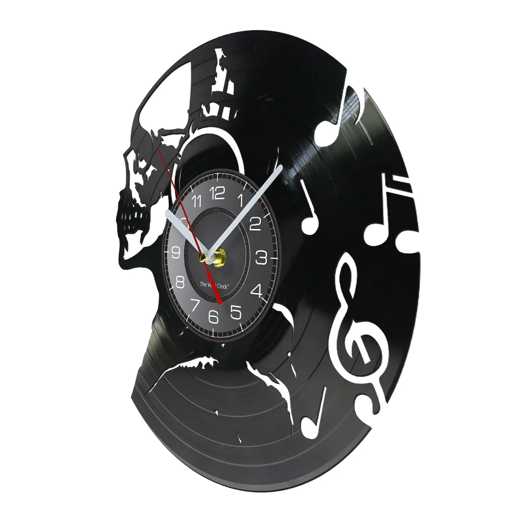 Skeleton Music Never Dies Vinyl Record Wall Clock Skull Headphone Home Decor Hanging Watch Death Danger Headset Pop Art Crafts