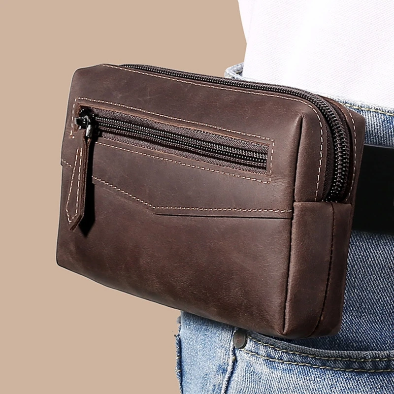 

Men Retro Waist Bag Crazy Horse Genuine Leather Waist Fanny Pack Phone Bag Travel Hip Bum Hanging Purse Belt Loop Holster Wallet