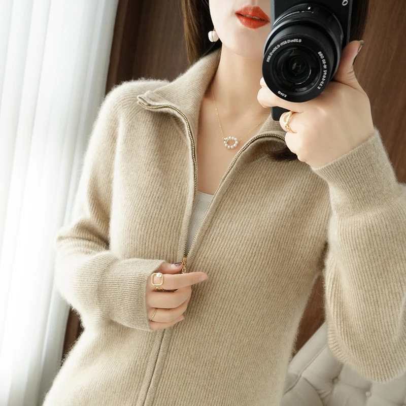 Autumn and Winter Women 100% Wool Cashmere Sweater Ladies Zipper Lapel Cardigan Warm Knitted Clothing Women Bottoming Tops