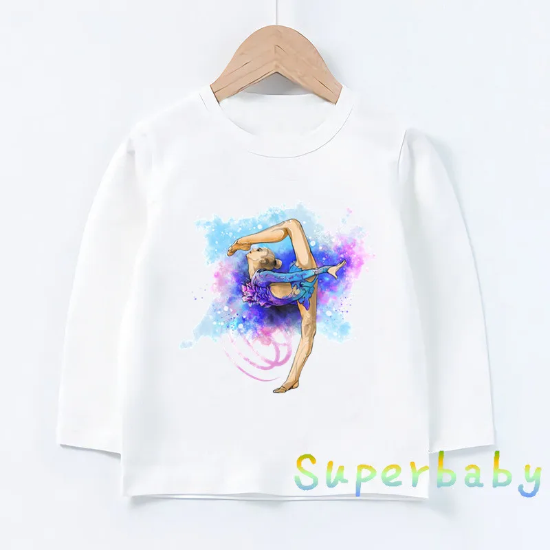 

Watercolor Ballet Dancer Print Kids T-Shirts Gymnastics Dance Girls Clothes Baby Long Sleeve T shirt Casual White Children Tops