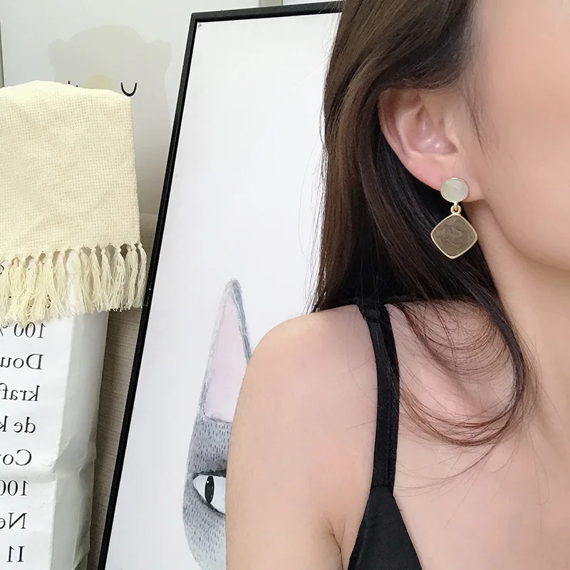 HUANZHI 2019 Autumn And Winter New Style Literary Vintage Brown Hairball wood Enamel Drop Earrings for Women Girl Party Jewelry