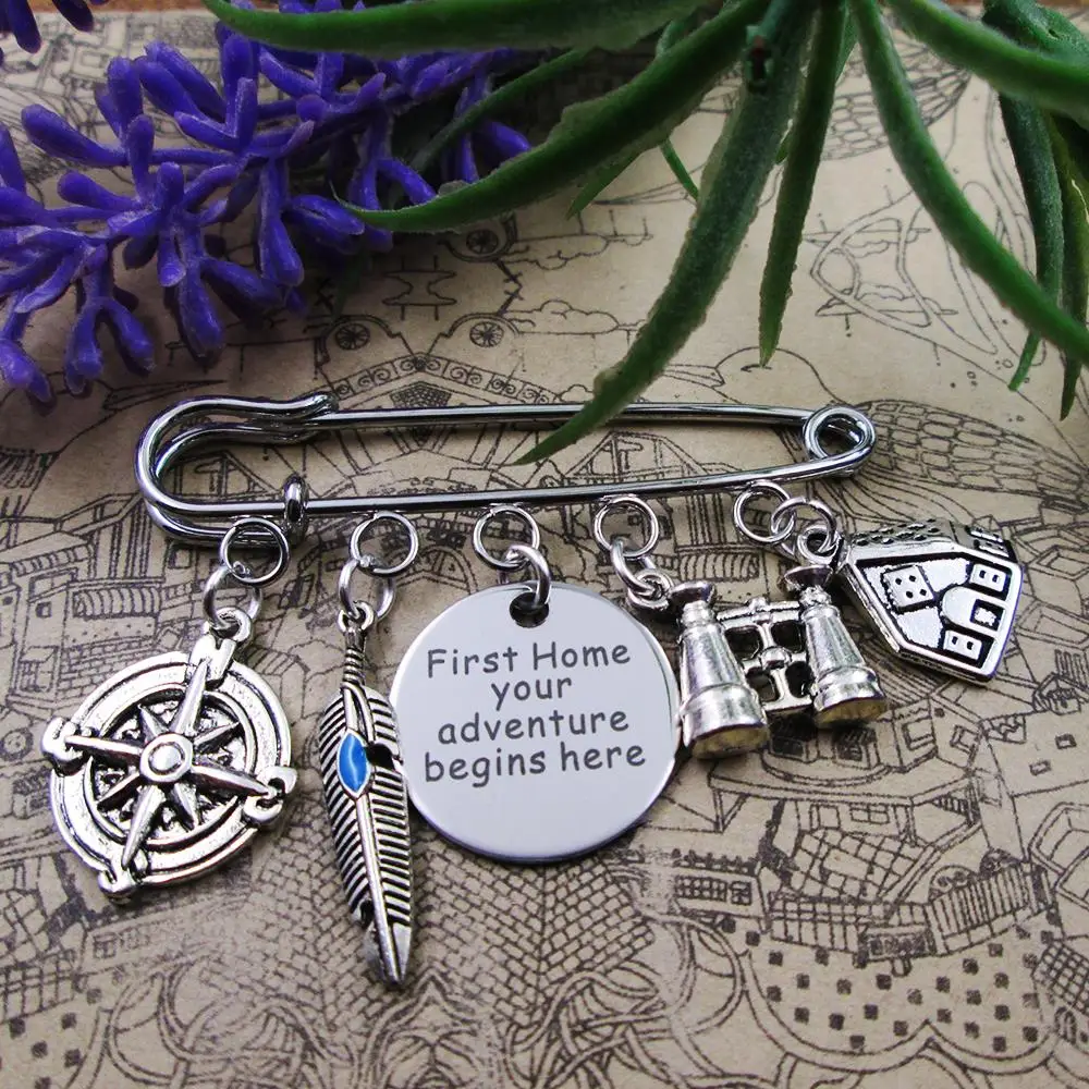 first home your adventure begins here family home love charm brooch  silver plated charm brooch gift birthday