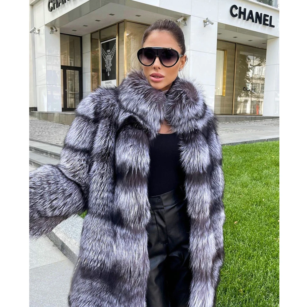 Medium Length Natural Silver Fox Fur Coat Stand Collar Woman Winter Fashion Whole Skin Genuine Silver Fox Fur Jacket Outwear