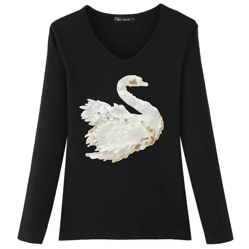 2021 Summer Women Casual Embroidered T Shirts 3D Black Swan Beading Full Sleeve Tees Feminino Woman Solid Leisure T-shirt Tops