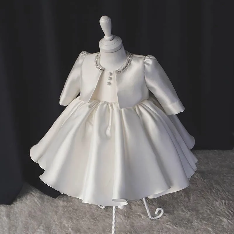 2Pcs Children First Birthday Party Dresses For Baby Girls Princess White Gown Infant Wedding Vestidos Kids Bow Dress with Coat