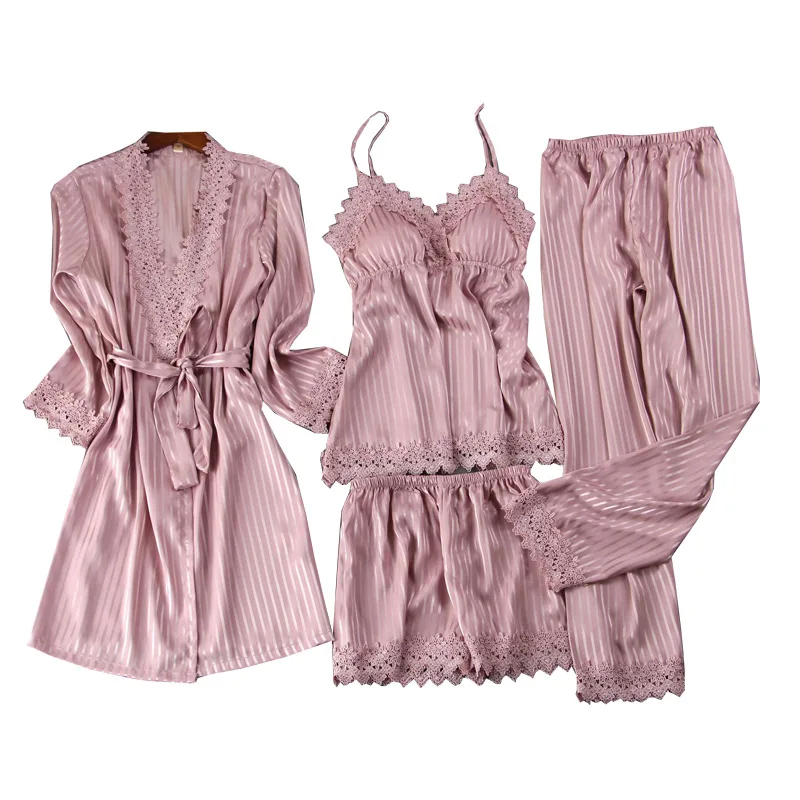 Women Sleep Set Satin Striped 4PCS Pajamas Suit Pijamas New Sexy Kimono Bathrobe Gown Home Clothes Lace Patchwork Sleepwear