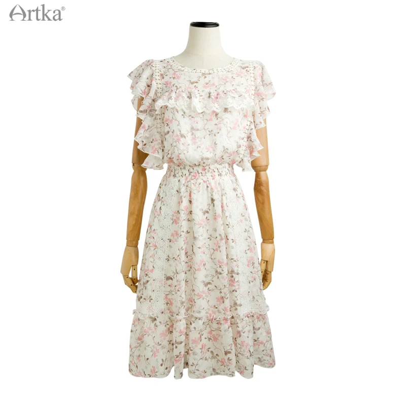 Imagem -04 - Artka-vestido Floral de Renda Feminino Vestidos de Manga Voadora Cintura Elástica Vestido Chiffon Midi Elegante Novo Verão La25615x 2023