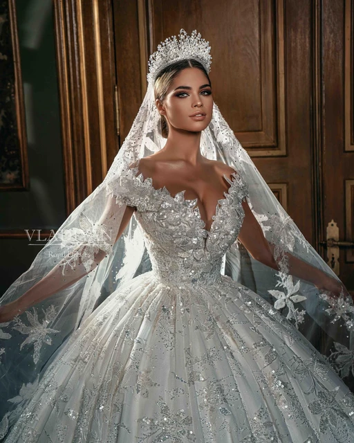 Luxury Arabic Dubai Ball Gown Appliqued Wedding Dresses 2024 Beads Crystals Vestido de Noiva Off The