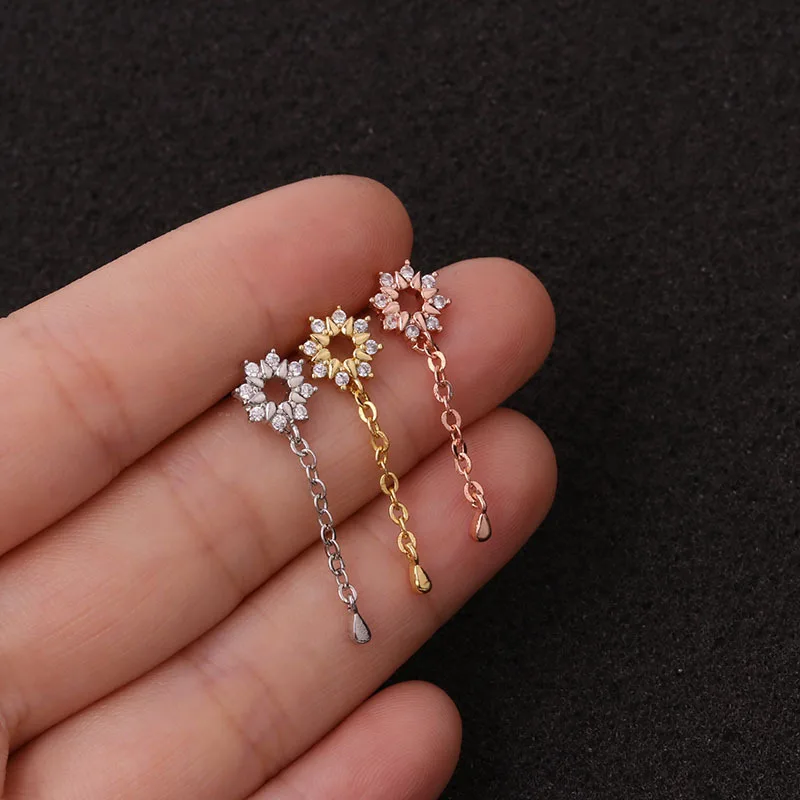 Long Chains Cross Heart Flower Cartilage Helix Tragus Piercing Ear Stud Piercing Jewellery