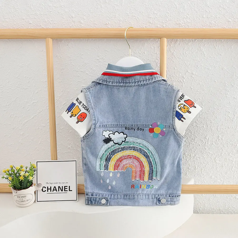 Kids Denim Vest Rainbow Sleeveless Single Breasted Jean Waistcoat Spring Autumn Boys Girls Casual Jacket Outwear