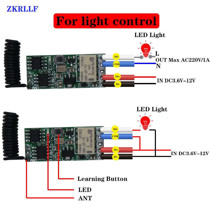 3.7V Mini RF Remote Switch 433MHz 4.2V 5V 6V 7.4V 9V 12V NO COM NC Relay Contact ASK Small Relay Contact Wireless Switches