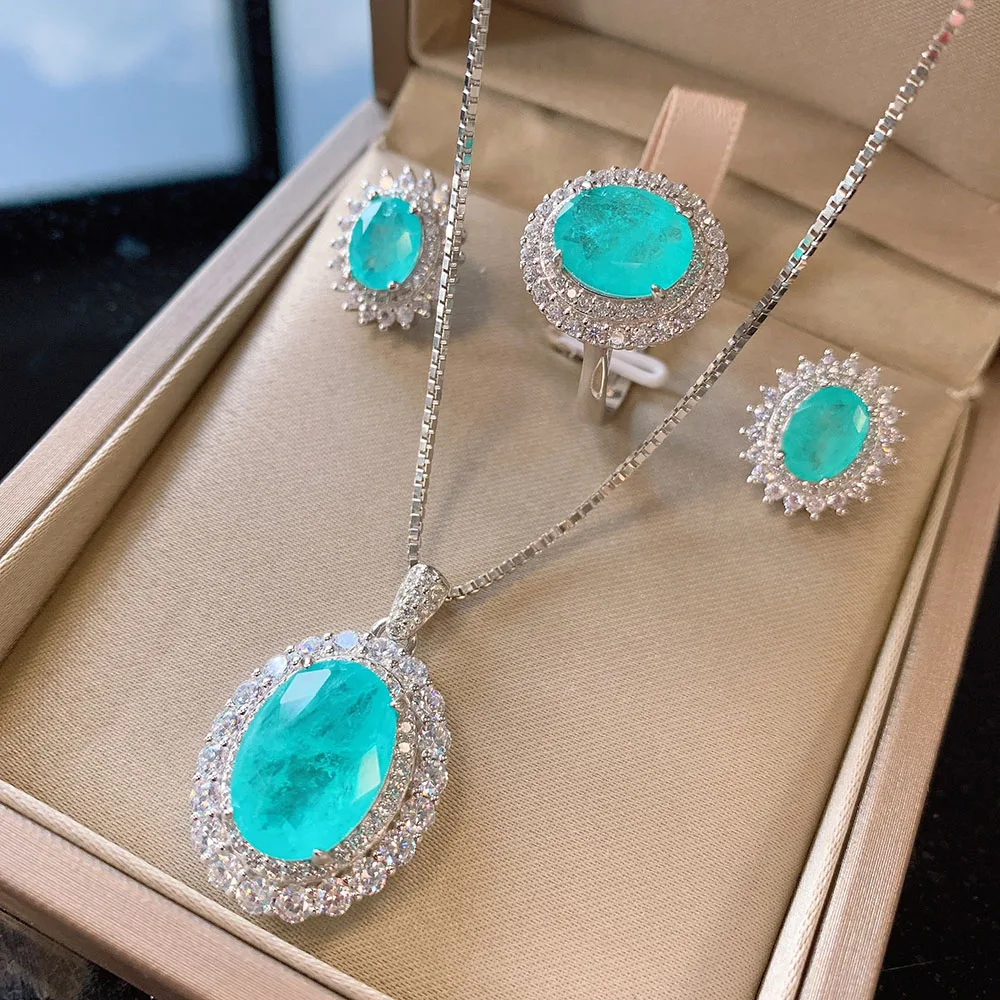 Vintage 100% Solid 925 Sterling Silver Paraiba Tourmaline Gesmtone Pendant/Necklace/Earrings/Ring Fine Jewelry Set for Women