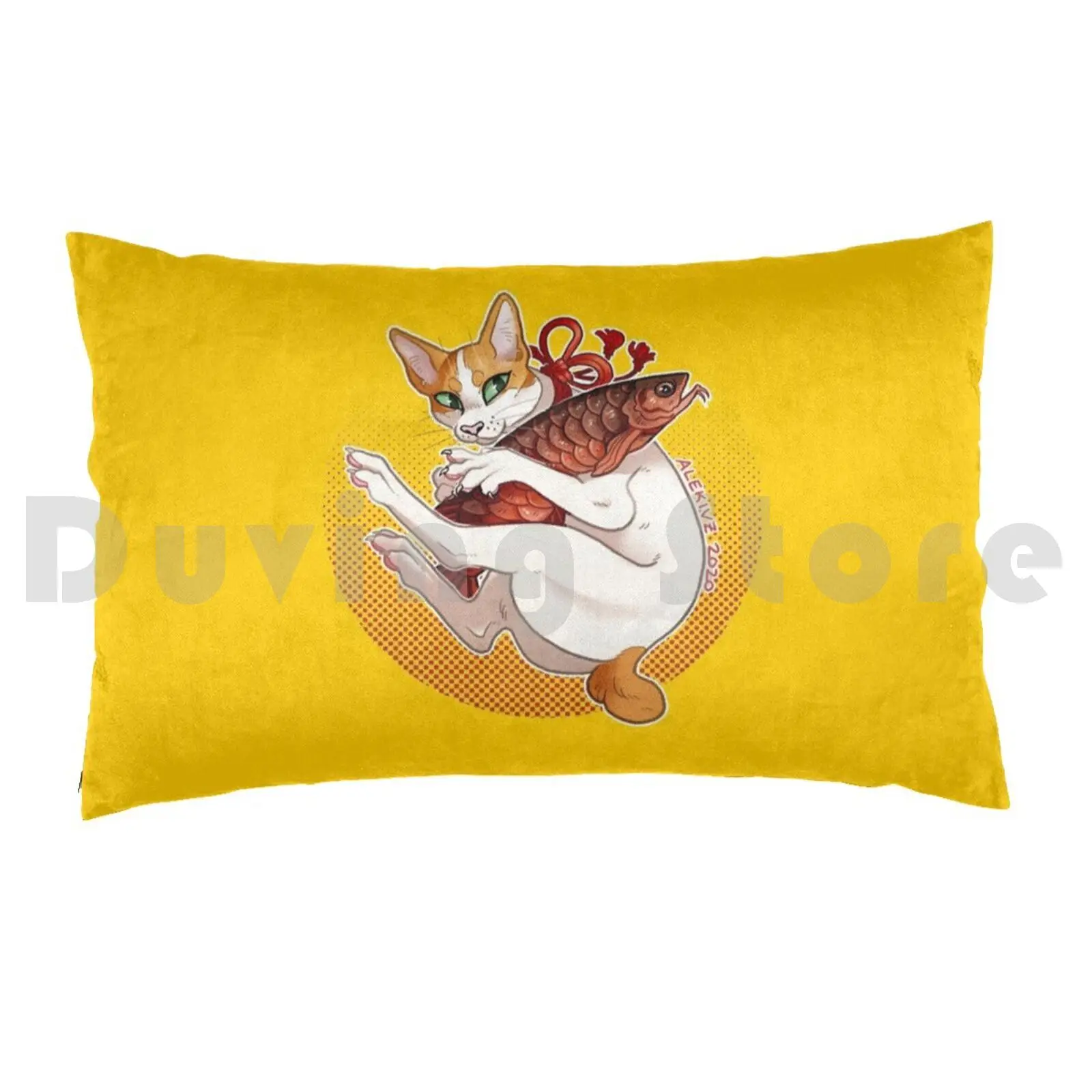 Lucky Bobtail-- Orange Pillow Case Printed 50x75 Japanese Bobtail Bobtail Lucky Cat Maneki Neko Arowana