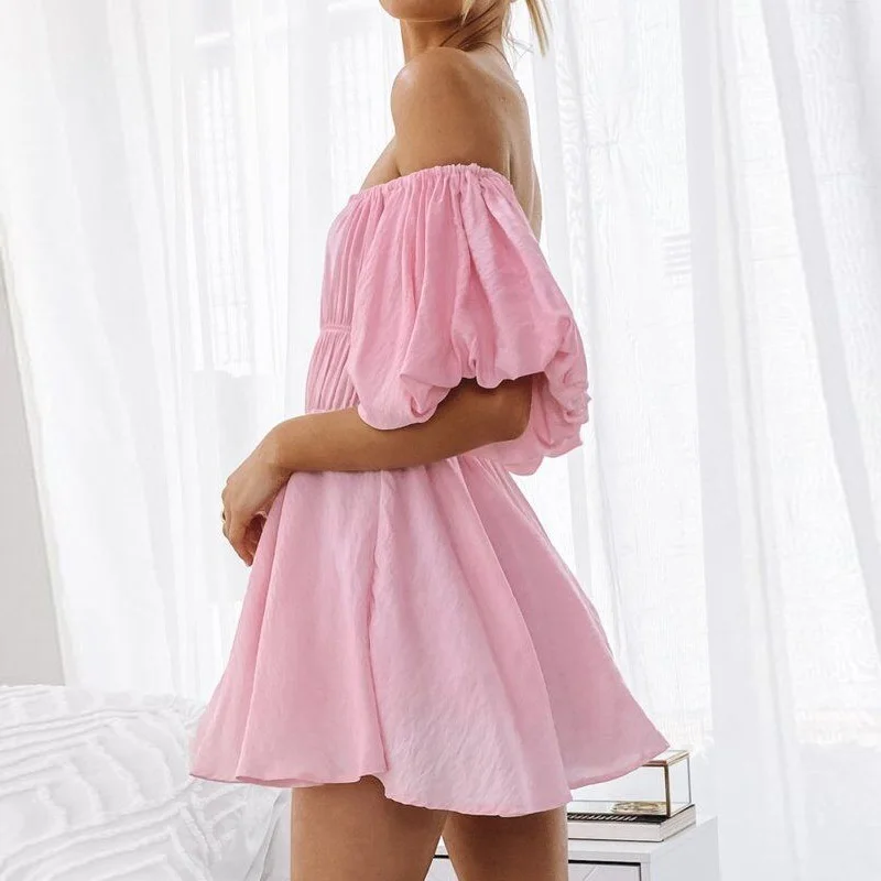 Kobiet elegancka z bufkami rฤkaw Mini sukienka Sexy Off ramiฤ solidna sukienka imprezowa lato sลodka pani elastyczny pas plaลผa sukienki Vestidos