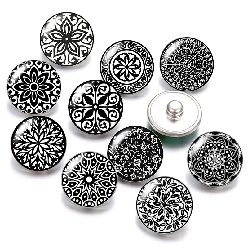 DB0489 Black pattern flowers 18mm snap buttons 10pcs mixed round photo glass cabochon style for snap button jewelry