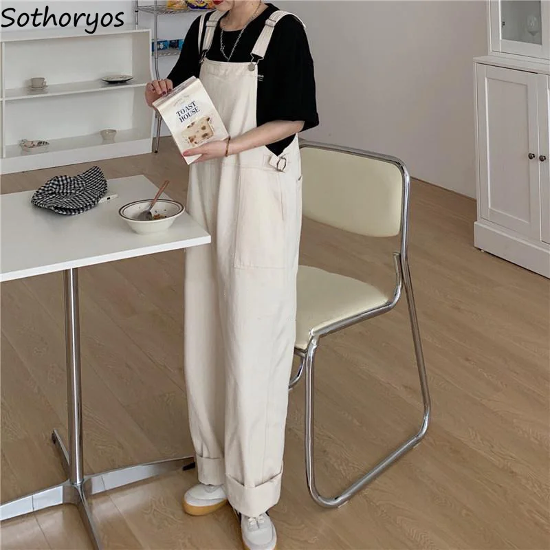 

Women Cargo Jumpsuits Full Length Harajuku Loose Students All-match Preppy Chic High Waist Leisure Pockets Overalls Fashionable