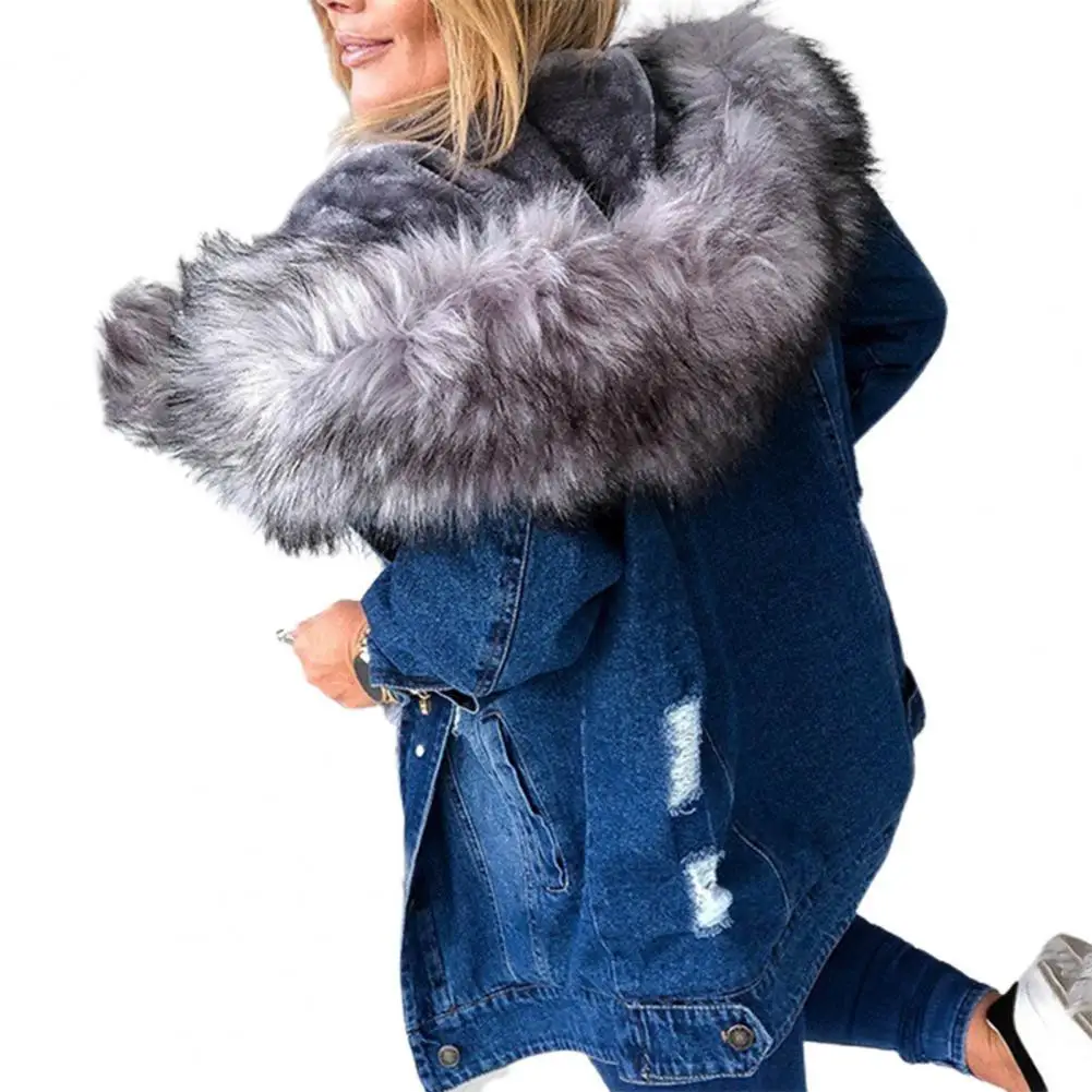 

Loose Vintage Women Denim Jacket Coat Fur Hooded Plush Dilapidated Slim Mid-length Warm Jacket 2022