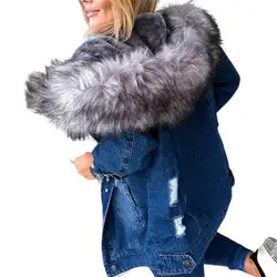 Giacca di jeans da donna Vintage allentata cappotto di pelliccia con cappuccio in peluche con risvolto sottile giacca calda di media lunghezza 2022