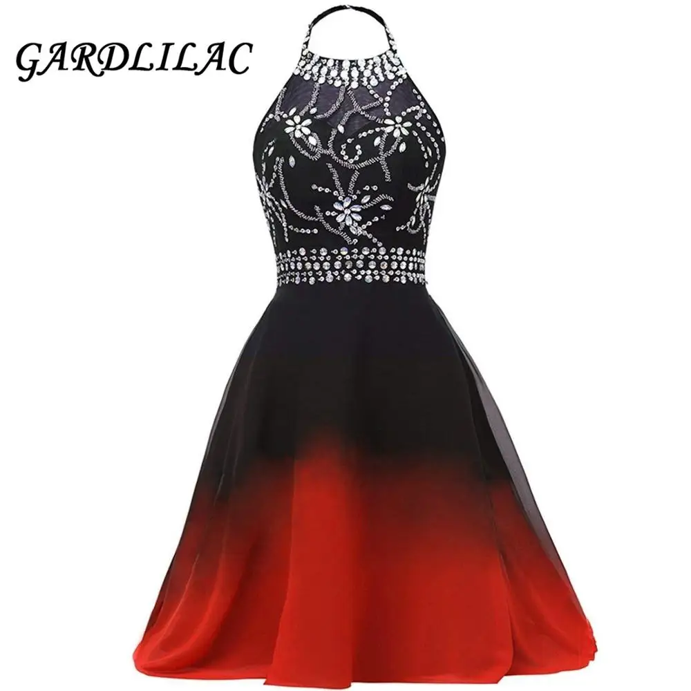 

Gardlilac 2021 Black to Red Halter Ombre Homecoming Dress for Juniors Gradient Short Prom Dresses Chiffon Bridesmaid Dresse