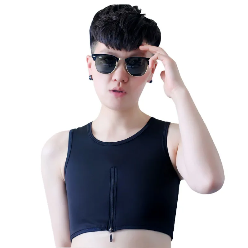 Tomboy Trans Lesbian Middle Zipper Bamboo Charcoal Fiber Chest Binder Flatten Breast Shaperwear Corset  Short Tank Top