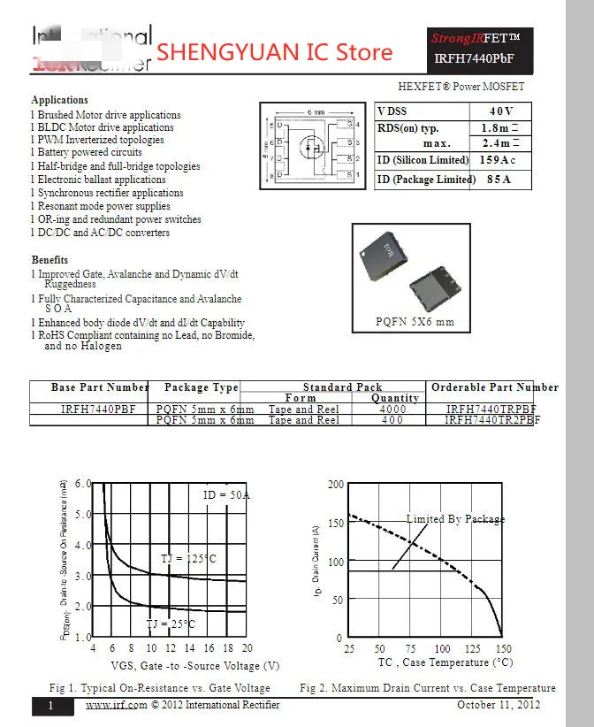 5 pcs/lot IRFH7440TRPBF Marking: H7440 PQFN5X6 IRFH7440PBF IRFH7440 IRH7440 MOSFET N-CH 40V 159A Original New 100% quality