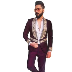 2 Pieces Lace Floral Men Suits Purple Coat+Pant Custom Made Handsome Wedding Suits Single Breasted Formal Luxury Party Wear