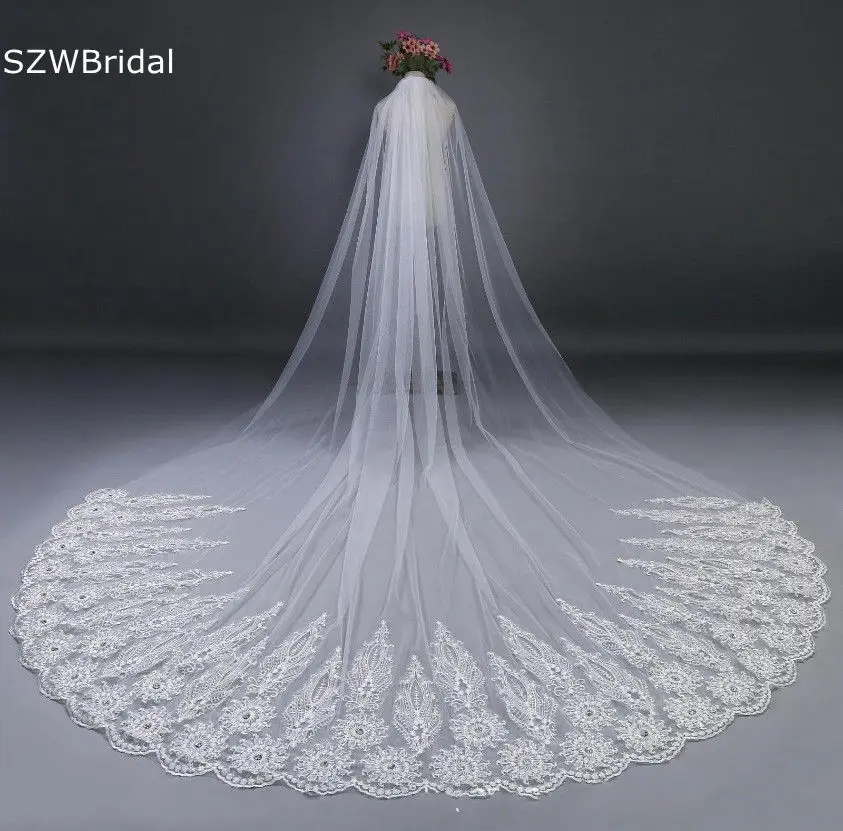 New Arrival White Ivory Cathedral Wedding veils Beaded Lace veil Bride wedding accessories Dentelle mariage voile mariee