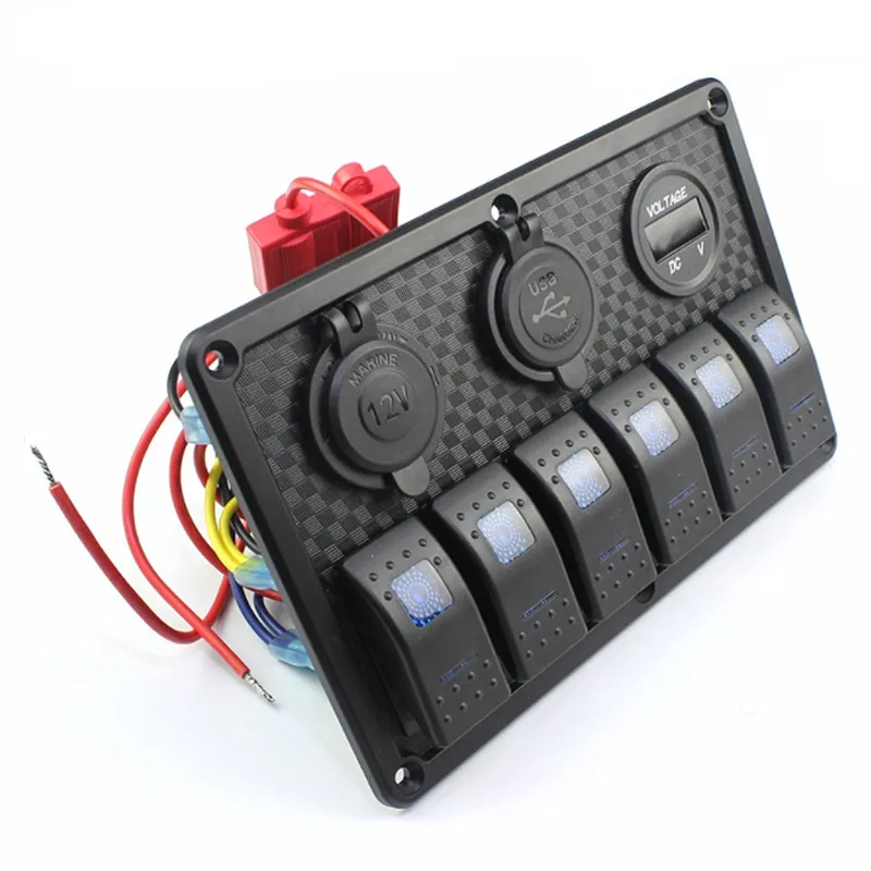 

12/24V 6 Gang Marine Boat Switch Panel ON-OFF Rocker LED Voltage Display+5V 3.1A USB Charger+Cigarette Lighter Truck Boat Car