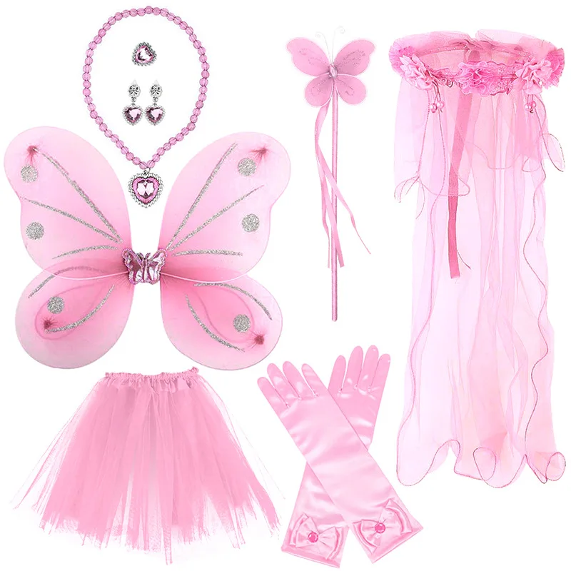 Costume da gioco di ruolo per ragazze di Halloween gonna Tutu in Tulle doppio strato ali di farfalla bacchetta magica copricapo orecchini abito accessorio