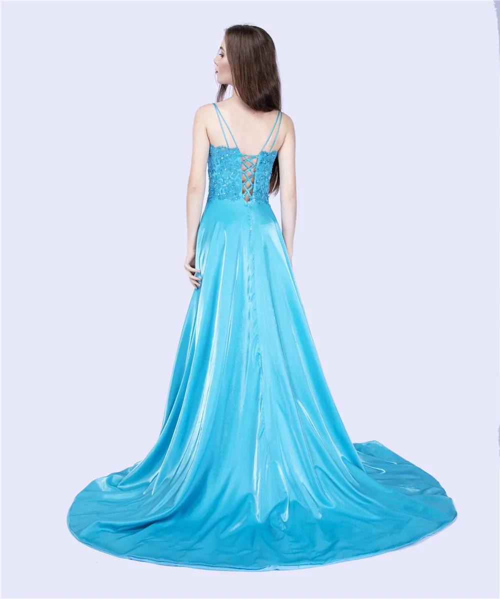 Robe De Soiree Evening Gaun Panjang 2020 Satin Formal Gaun Spaghetti Tali Renda Panjang Gaun Prom dengan Kantong