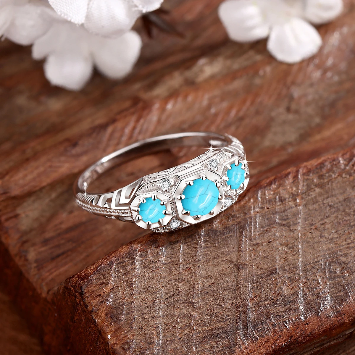 Szjinao Silver 925 Real 3 Stone Turquoise Rings For Women Wedding Party Anniversary Gift To Wife Vintage Luxury Woman Jewelry