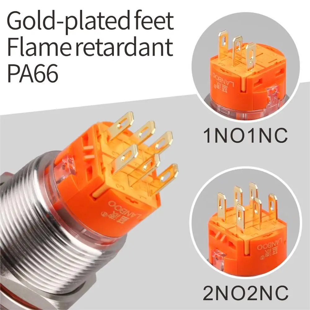LANBOO 19mm/22mm Metal Emergency Stop Latching Pushbutton Switch -1NO1NC/2NO2NC  Available Stainless steel/chrome plated Options