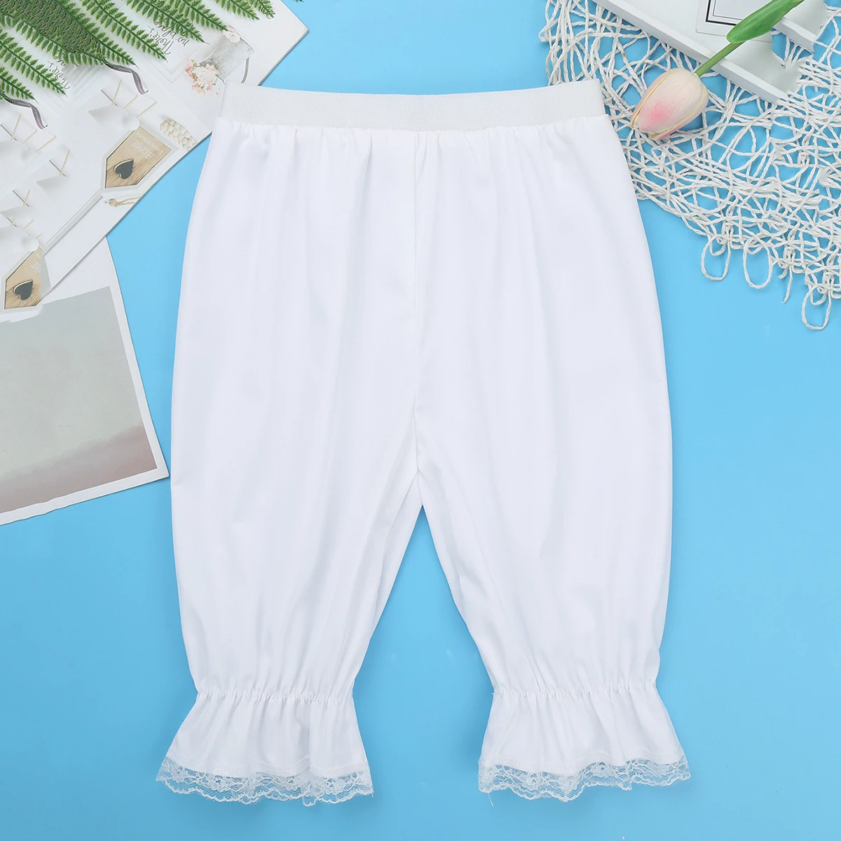 Kids Girls Victorian Pantaloon Dance Costume Solid Color Lightweight Loose Lace Trim Bloomers Comfy Elasticated Waistband Shorts