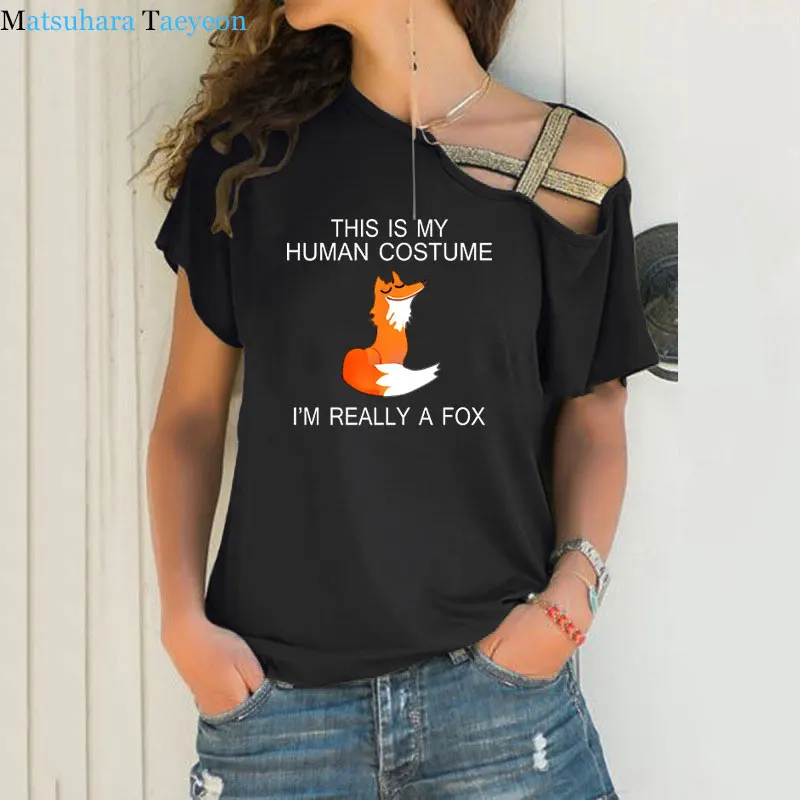 new Fashion Women T Shirt This Is My Human I'm Really A Fox Funny T shirts Black Cotton Tshirt Irregular Skew Cross Bandage Tee