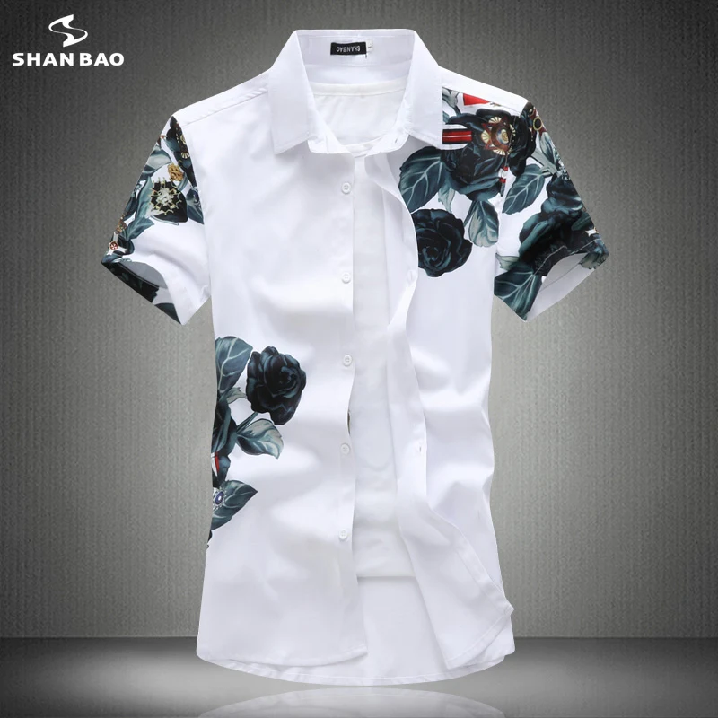 SHANBAO brand original rose splash ink printing men\'s casual short-sleeved shirt 2020 summer new fashion shirt black white19200