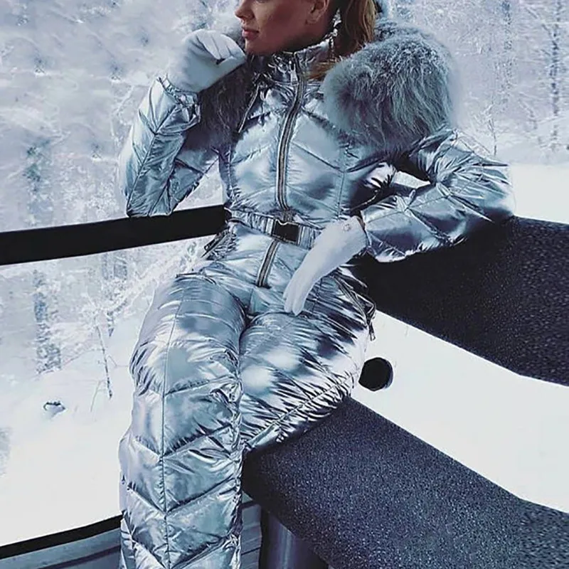 New Shiny Silver Gold One-Piece Ski Suit Women Winter Windproof Skiing Jumpsuit Snowboarding Suit Female Snow Costumes