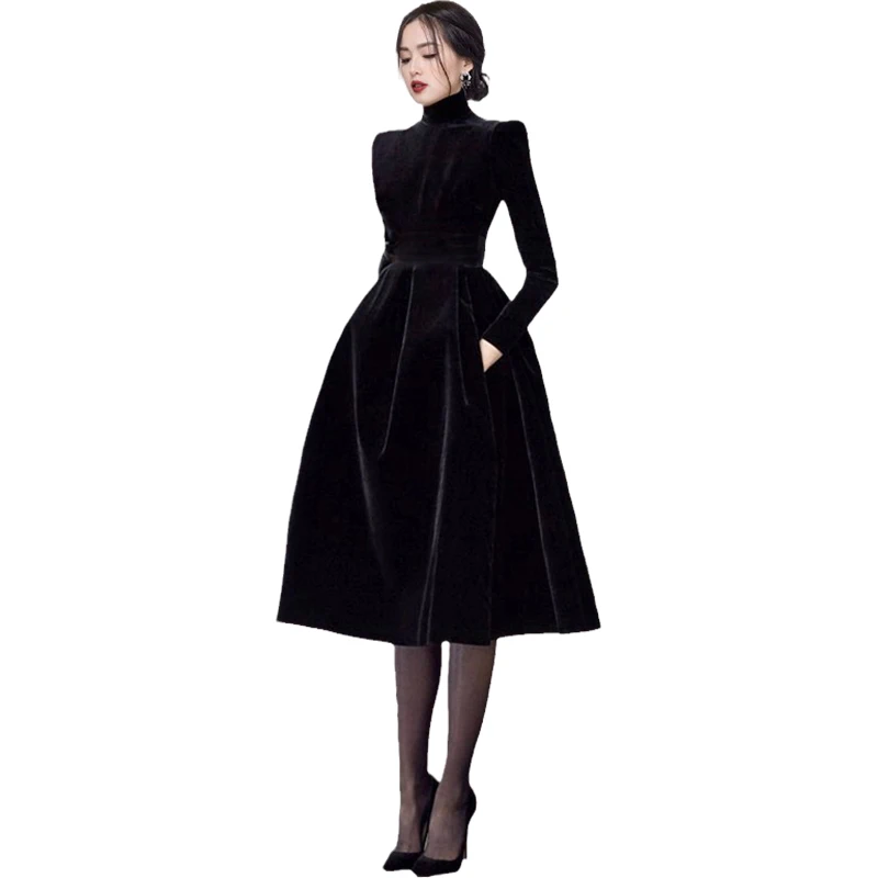 Lautaro Autumn Midi Vintage Black Velvet Party Dress Turtleneck Collar Long Sleeve Retro Elegant Luxury Evening Gowns for Women