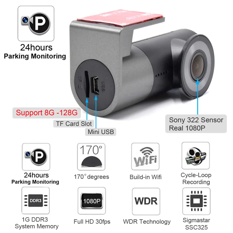 24hours Parking Monitoring Wifi Car DVR APP Control 1080P HD Video Recorder Camcorder Dash Camera Support UP To 128GB TF Card