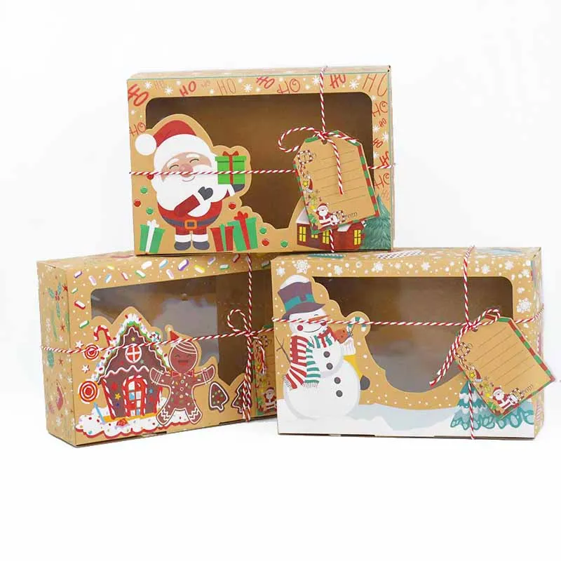 3pcs 22*15*7cm Christmas Cookie Candy Gift Box Transparent Window Kraft Paper Packaging Box Christmas Decoration New Year Gift