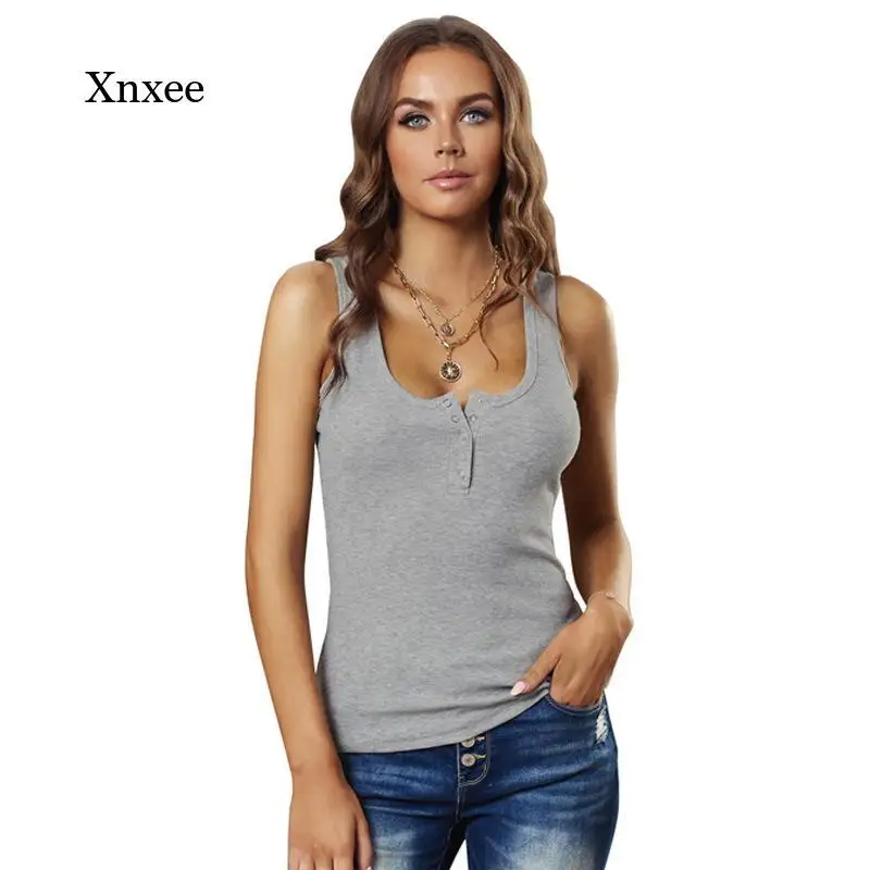 Women Sleeveless Tank Slim Fit Button Tops Solid Sexy V Neck Vest Casual Vest Sleeveless  Tees Elegant Summer Clothing